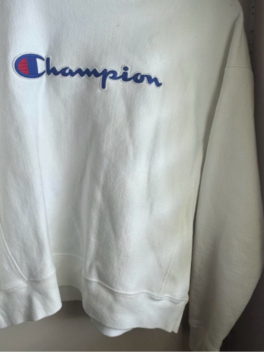 Champion White Crewneck Sweatshirt with Blue & Red Logo
